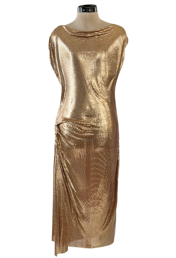Fabulous Recent Paco Rabanne Oroton Gold Metal Mesh Dress w Snap Draping