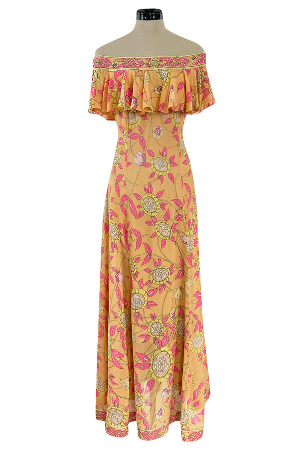 Prettiest 1960s Emilio Pucci Pink & Yellow Print on Peach Silk Chiffon Ruffled Off Shoulder Dress