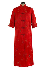 Gorgeous 1950s Red Silk Embroidered Asian Evening Coat w Top Stitched Cuffs & Collar