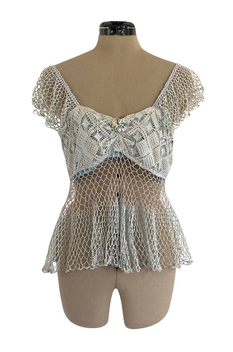 1960s Handmade Crocheted Crop Top in Blue & Pale Pink w Ruffled Cap Sleeve and Body