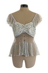 1960s Handmade Crocheted Crop Top in Blue & Pale Pink w Ruffled Cap Sleeve and Body