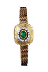 1960s Favre-Leuba Lady's Yellow Gold Diamond and Emerald Bracelet Watch