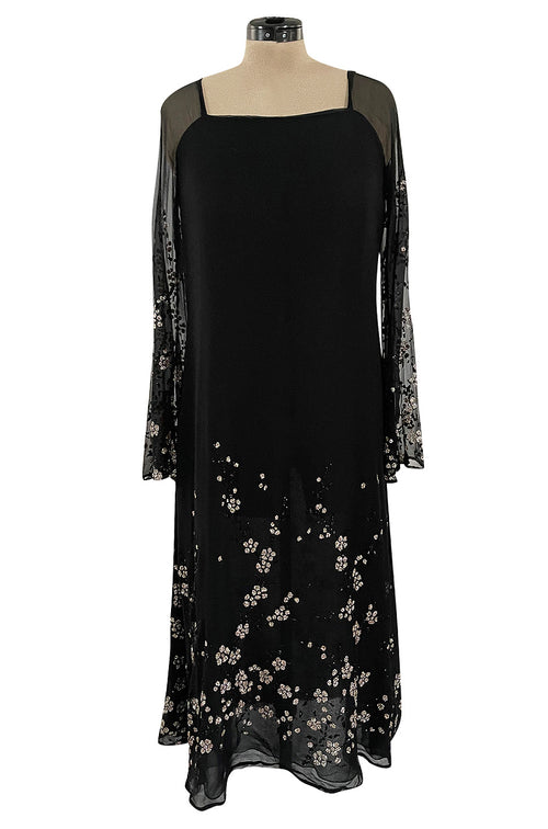 Late 1970s Pauline Trigere Black Silk Chiffon Dress w Silver Fused Glitter Flower Design