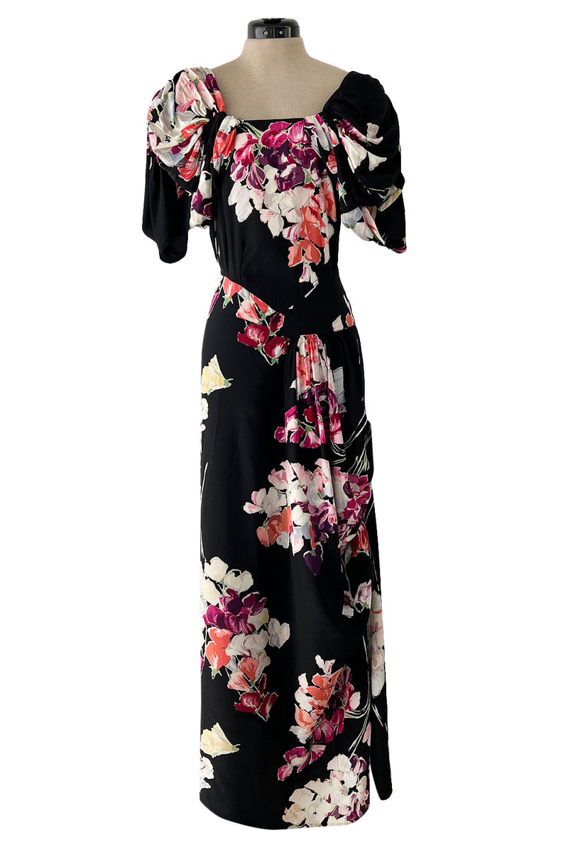 Stunning 1930s Unlabeled Black Silk Crepe Dress w Brilliant Pink & Coral Floral Print