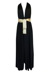Documented 1980 Bill Tice Plunge Black & Gold Backless Halter Dress