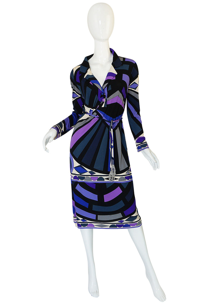1960s Purple Print Pucci Silk Jersey Dress w Crystal Belt