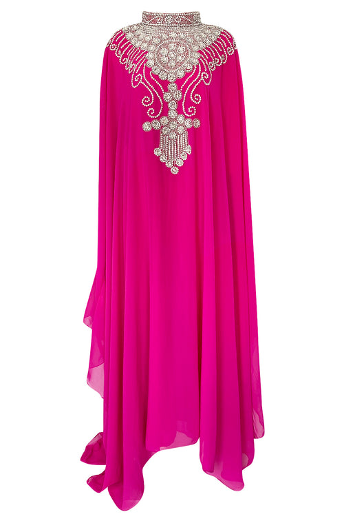 1980s Elaborate Crystal Covered Vibrant Pink Chiffon Caftan Dress