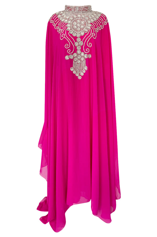 1980s Elaborate Crystal Covered Vibrant Pink Chiffon Caftan Dress