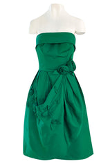1950s Suzy Perette Emerald Green Strapless Full Skirted Dress w 3D Flower Detailing