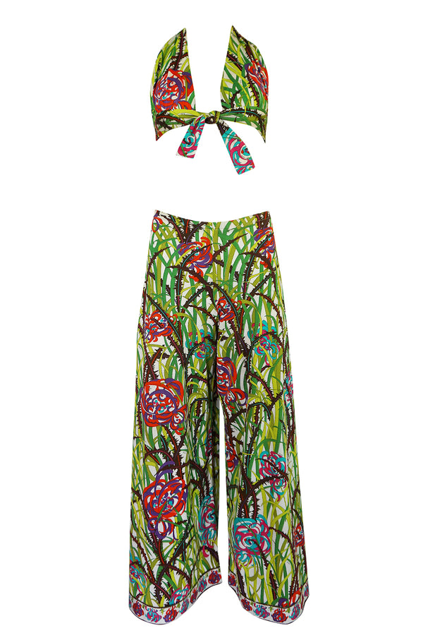 1960s Pucci Rare Printed Cotton Halter Top & Wide Leg Pant Set