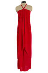 Easy to Wear 1980s Bill Blass Red Silk Crepe Gathered Front Halter Dress