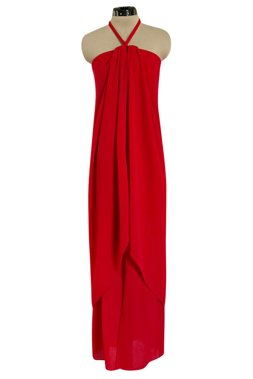 Easy to Wear Fall 1994 Bill Blass Red Silk Crepe Gathered Front Halter Dress