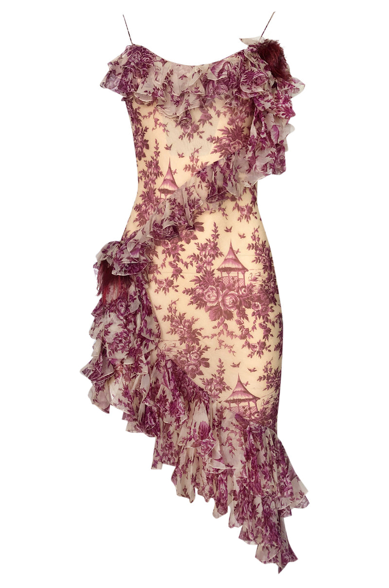 2000s John Galliano Purple Floral Print Silk Bias Cut Ruffle Dress