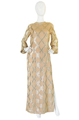 1960s Tina Leser Gold Lame Thread Side Slit Tunic Caftan Dress