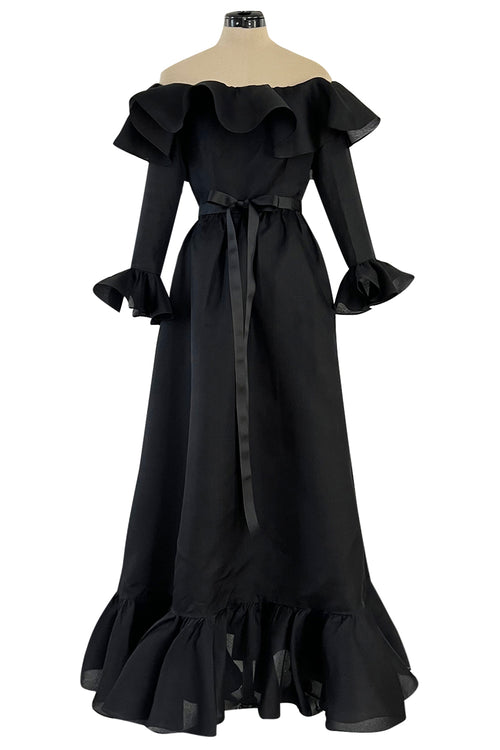 Gorgeous 1972 Nina Ricci Black Silk Gazaar Off Shoulder Dress W Ruffled Finishes