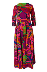 1960s Unlabeled Bright Pink Extra Wide Leg Print Jumpsuit
