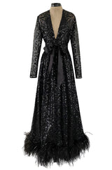 Fall 1974 Bill Blass Glossy Black Sequin & Silk Chiffon Dress w Feather Hem