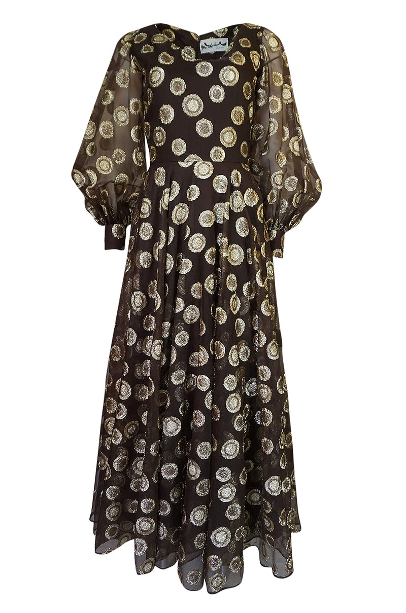 1960s Mr Blackwell Gold Metallic Lurex Dot Organza Dress