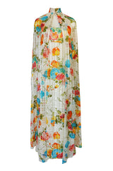1970s Alfred Bosand Printed Floral Ribbon Silk Gown & Cape