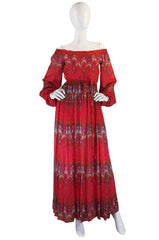 1970s Off Shoulder Silk Print Mollie Parnis Dress