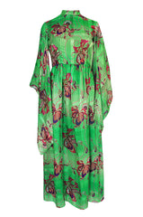 1970s Mollie Parnis Kimono Sleeve Printed Green Silk Dress