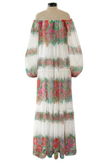 Prettiest 1970s Victor Costa Off Shoulder Floral Print Chiffon Caftan Dress