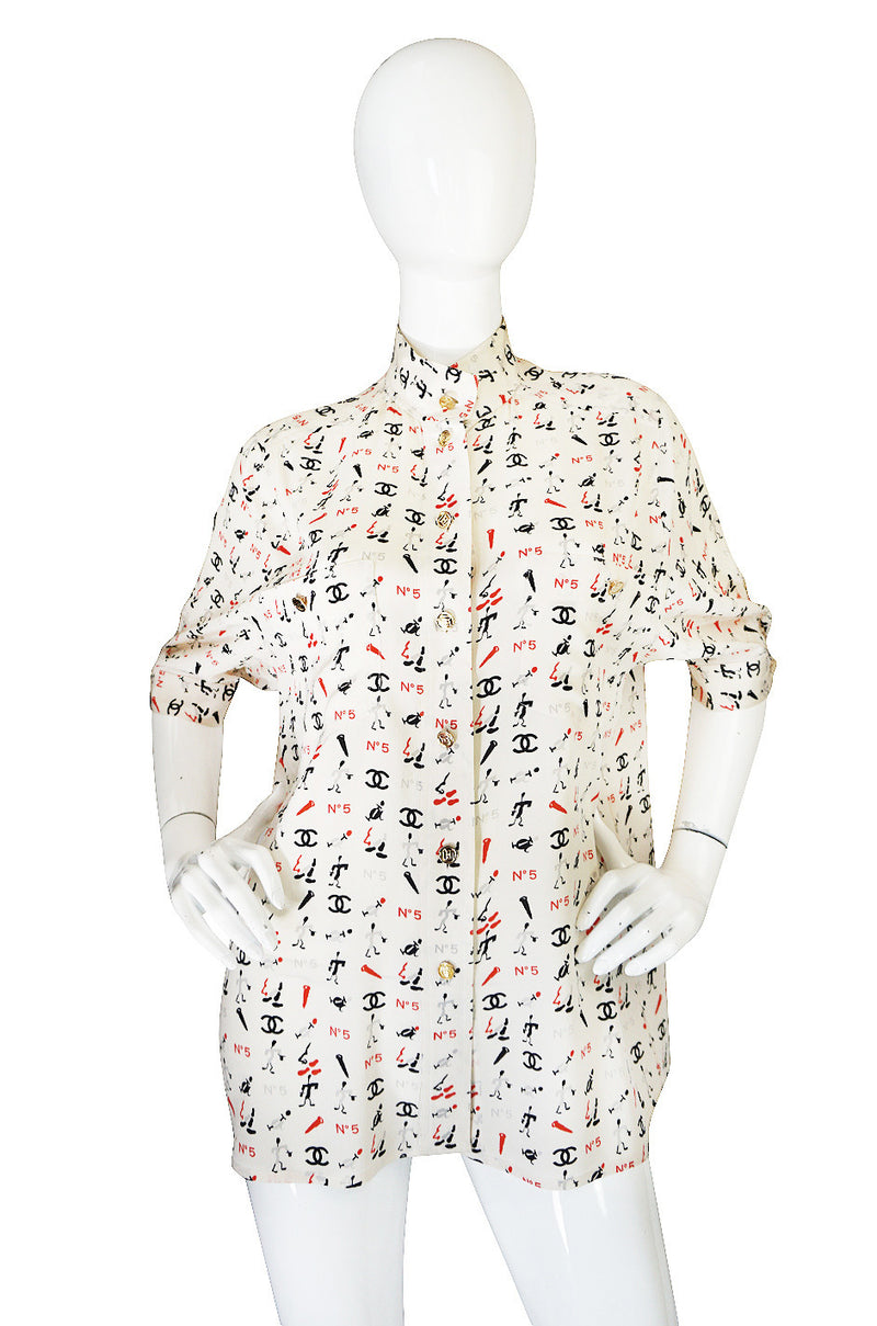 1990s Iconic Chanel No 5 Printed Silk Top – Shrimpton Couture