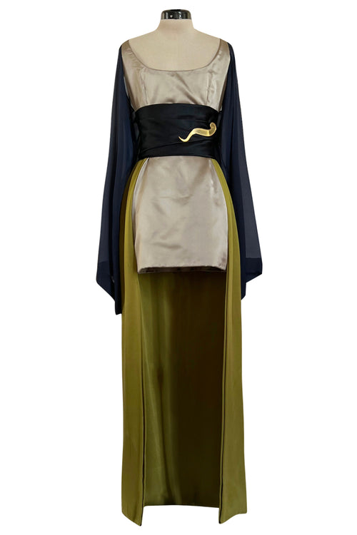 Fall 1994 Guy Laroche Haute Couture Runway Wide Sleeve Dress w Cumberbund & Back Skirt Panel