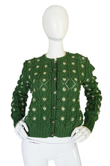 Rare 1930s Lanz Hand Knit Green Nubby Floral Sweater