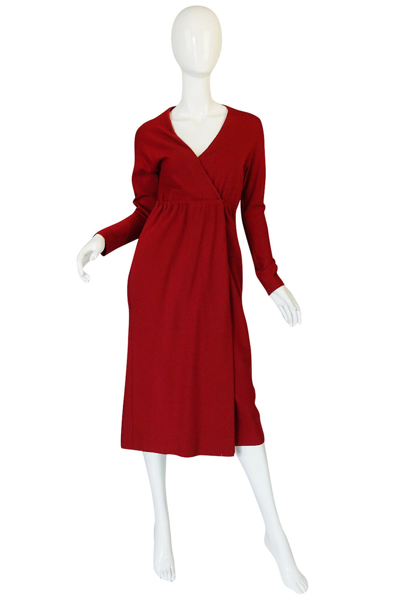 1970s Halston Deep Red Wool Jersey Wrap Dress