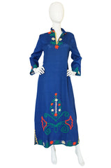 1960s Arts & Crafts Yarn Embroidered Blue Cotton Caftan