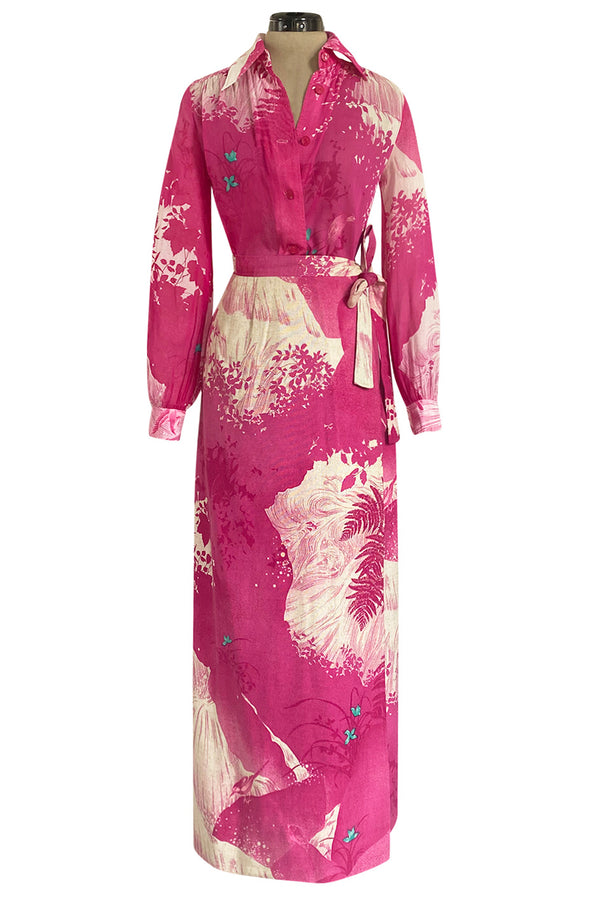 Gorgeous 1970s Hanae Mori Pink Scenic Print Wrap Skirt & Button Down Top Set