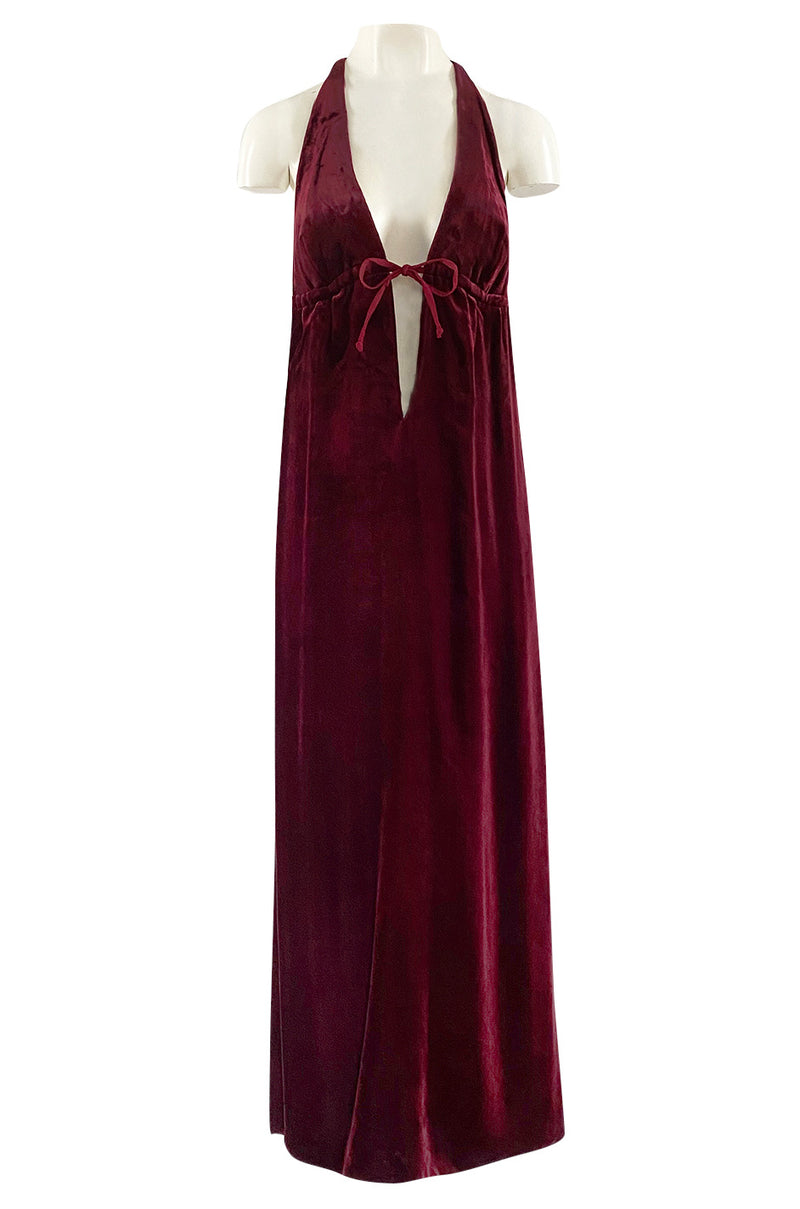 1970s Deep Front Plunge & Racer Back Halter Dress in a Jewel Toned Burgundy Silk Velvet