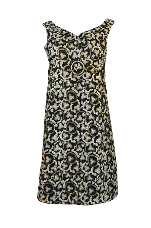 1960s Unlabelled Metallic Gold Thread Print Mod Shift Dress