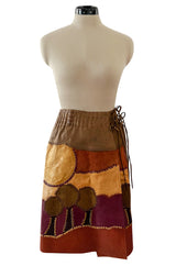 Extraordinary 1960s Char Hand Made Leather & Suede Wrap Scenic Patchwork Skirt