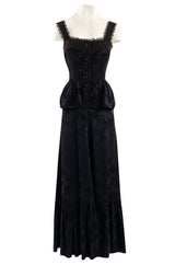 Rare 1970s Mary Quant Black Silk Floral Weave Maxi Dress w Peplum & Ruffled Hem