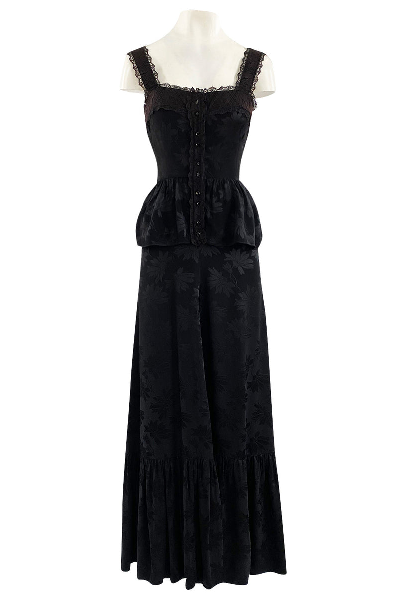 Rare 1970s Mary Quant Black Silk Floral Weave Maxi Dress w Peplum & Ruffled Hem