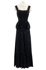 Rare 1970s Mary Quant Black Silk Floral Weave Maxi Dress w Peplum & Ruffled Hem