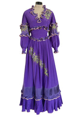 Rare 1960s Tiziani Couture by Karl Lagerfeld Purple Silk Dress w Intricate Hand Beading