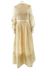1960s Mannequin Pale Gold Metallic Lame & Organza Maxi Dress