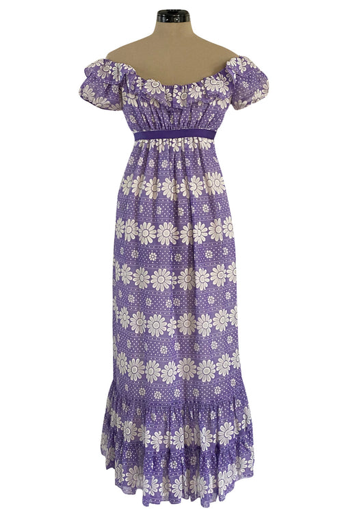 Late 1960s Anne Fogarty Soft Lavender Purple & White Floral Off Shoulder Empire Waist Dress