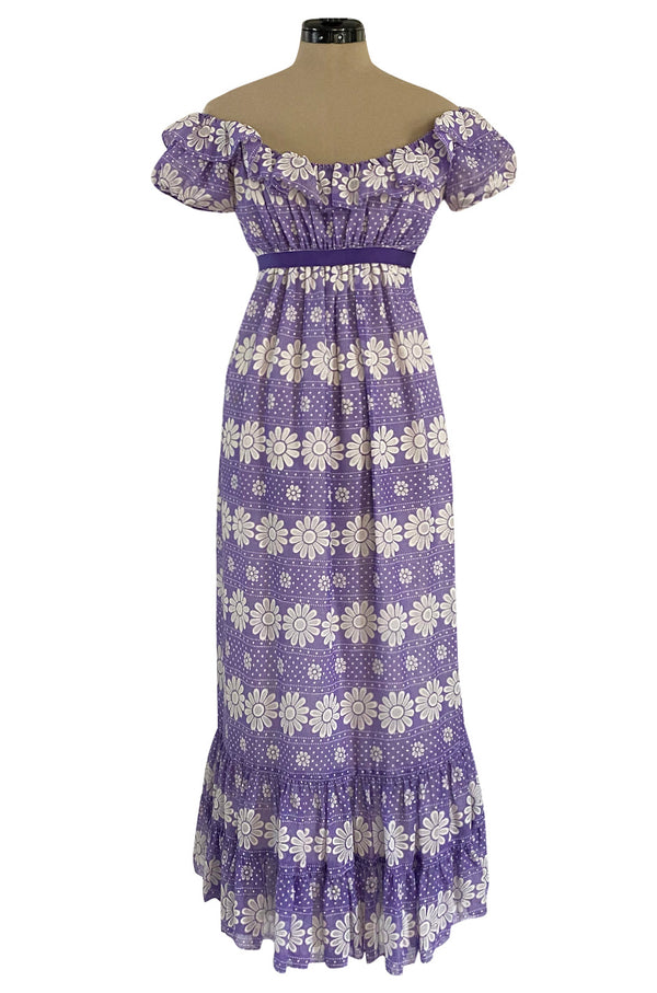 Late 1960s Anne Fogarty Soft Lavender Purple & White Floral Off Shoulder Empire Waist Dress