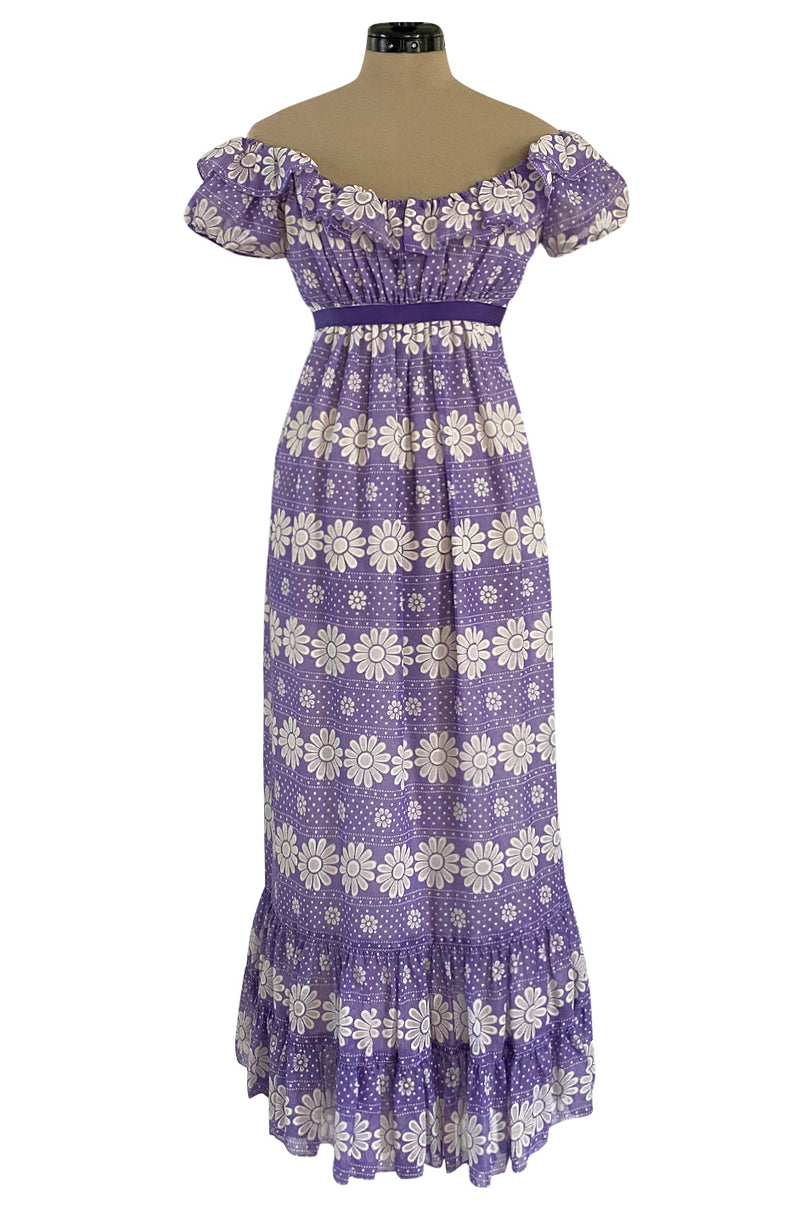 Late 1960s Anne Fogarty Soft Lavender Purple & White Floral Off Shoulder Empire Waist Dress Late 1960s Anne Fogarty Soft Lavender Purple & White Floral Off Shoulder Empire Waist Dress