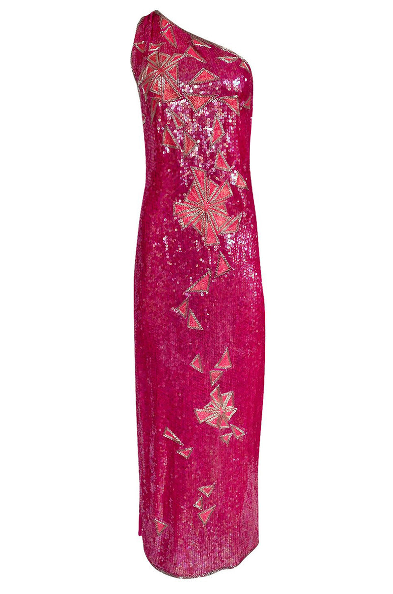 1970s Lillie Rubin Pink Densely Sequin & Bead Graphic Pattern One Shoulder Dress