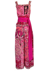 1960s Emilio Pucci Printed Pink Silk Sleeveless Top & Wide Legged Pant Set w Silk Belt