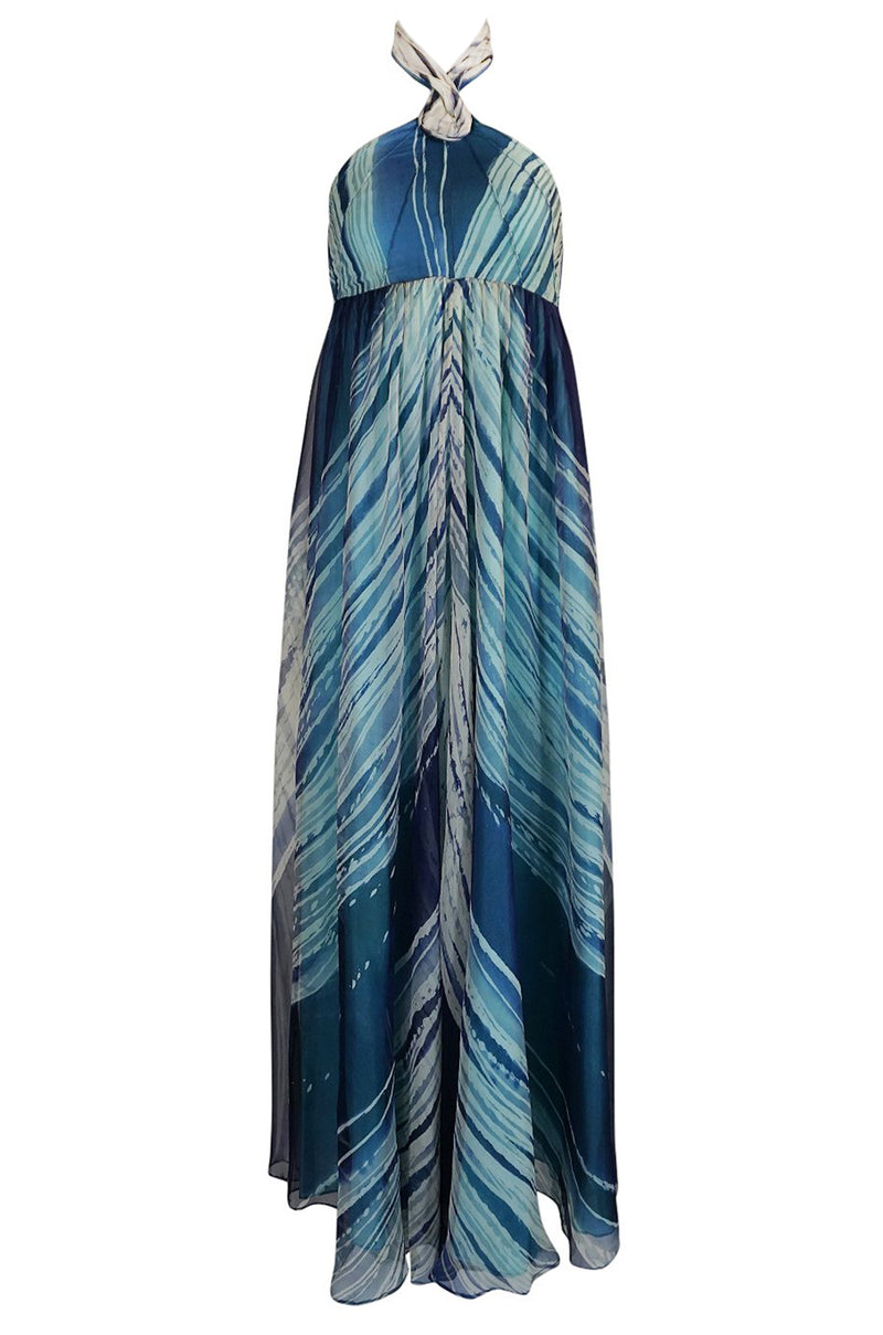1974 Thea Porter Couture Documented 'Wave' Print Silk Chiffon Backless Dress