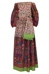1960s Richilene Off Shoulder Pouf Sleeve Bohemian Printed Silk Dress
