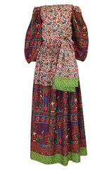 1960s Richilene Off Shoulder Pouf Sleeve Bohemian Printed Silk Dress
