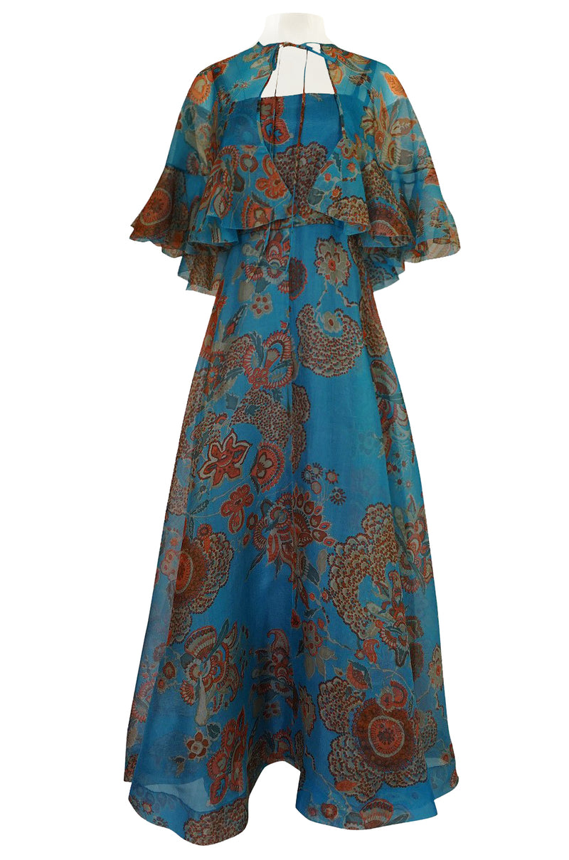 1960s Hardy Amies Deep Turquoise & Printed Silk Organza Dress w Matching Ruffled Capelet