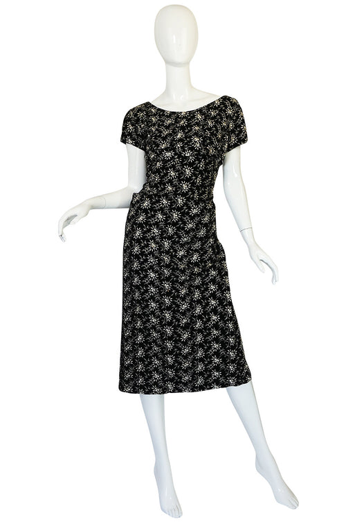 Late 1940s Hand Embroidered Black Velvet Fitted Dress